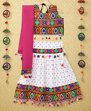 Banjara India Navratri Theme Sleeveless Kutchi Embroidered Chaniya Choli With Dupatta  - White