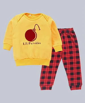 Kadam Baby Full Sleeves Diwali Theme Bomb With Lil Patakha Text Placement Printed Sweatshirt & Shepherd Checked Pyjama - Yellow & Red