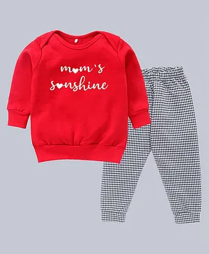 Kadam Baby Full Sleeves Moms Sunshine Text Placement Printed Sweatshirt With Pinchecked Pyjama - Red