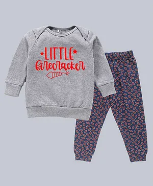 Kadam Baby Full Sleeves Diwali Theme Little Cracker Text Placement Printed Sweatshirt With Seamless Leaf Pyjama - Grey