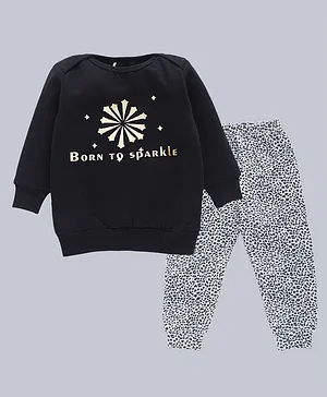 Kadam Baby Full Sleeves Born To Sparkle Text Placement Printed Sweatshirt With Leopard Printed Pyjama - Black