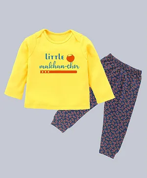 Kadam Baby Full Sleeves Janmashtami Theme Littls Makhanchor Text Placement Printed Tee With Seamless Leaf Pyjama - Yellow