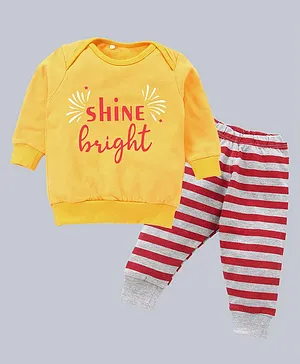 Kadam Baby Full Sleeves Diwali Theme Shine Bright Text Placement Printed Sweatshirt With Rugby Striped Pyjama - Yellow
