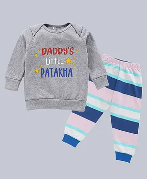Kadam Baby Diwali Theme Full Sleeves Daddys Little Patakha Printed Sweatshirt & Striped Pajama Set - Grey & Multi Color