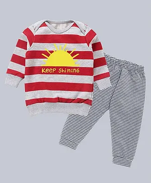 Kadam Baby Full Sleeves Diwali Theme Rugby Striped & Keep Shinig Text Placement Printed Sweatshirt With Pinchecked Pyjama - Red & Grey