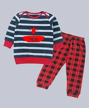 Kadam Baby Full Sleeves Glow Sweatshirt With Striped Pyjama - Red Blue
