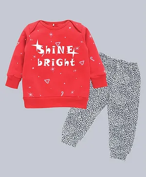 Kadam Baby Diwali Theme Full Sleeves Shine Bright Printed Sweatshirt & Animal Printed Pajama Set - Red & Grey