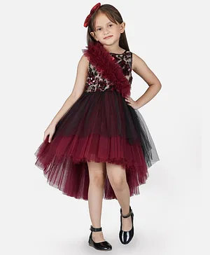 Toy Balloon Sleeveless Sequin Embellished & Ruffle Detailed Bodice Layered High & Low Dress - Maroon