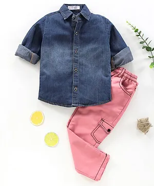 Knotty Kids Full Sleeves Solid Denim Shirt With Pant - Blue Pink