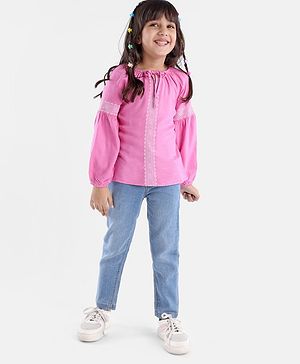 Babyhug 100% Rayon Full Length Embroidered Top with Denim Jeans- Pink & Blue