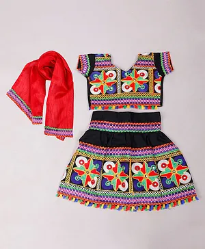 Tahanis Half Sleeves Folk Embroidered & Mirror Embellished Choli & Lehenga With Dupatta - Black & Multi Color