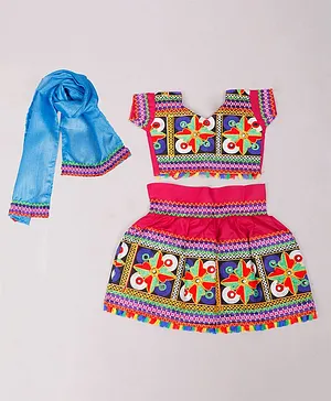 Tahanis Half Sleeves Folk Embroidered & Mirror Embellished Choli & Lehenga With Dupatta - Pink & Multi Color