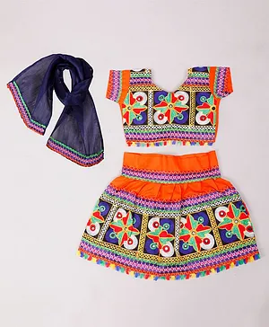 Tahanis Half Sleeves Folk Embroidered & Mirror Embellished Choli & Lehenga With Dupatta - Orange & Multi Color
