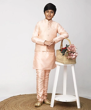 Lilpicks Couture Full Sleeves Solid Kurta And Pyjama With Embossed Nehru Jacket - Peach