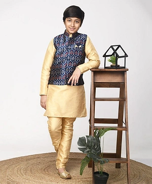 Lilpicks Couture Full Sleeves Solid Kurta And Pyjama With Floral Motif Printed Nehru Jacket - Beige Blue