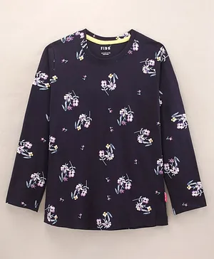 Fido Cotton Knit Full Sleeves Floral Print Top - Navy Blue