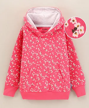 Fido Cotton Knit Full Sleeves Hooded Looper Sweatshirt Floral Print - Pink