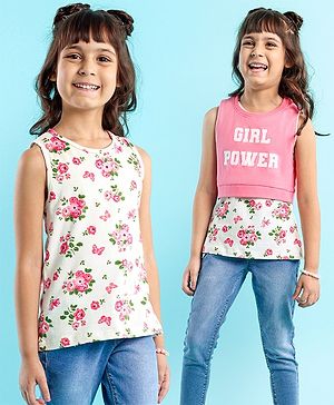 Babyhug Sleeveless Crop Top with Inner Tee Floral and Text Print - Pink White