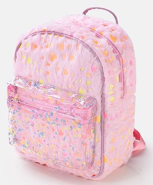 Babyhug Free Size Fashion Fur Backpack Hearts Print- Pink