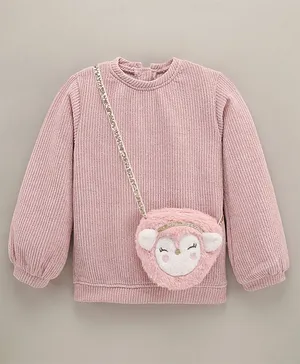 Little Kangaroos Full Sleeves Solid Colour Winter Top With Pouch - Pink