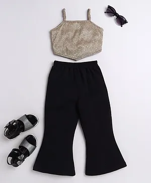 Taffy Sleeveless Embellished Crop Top & Flared Pants Set - Black & Gold
