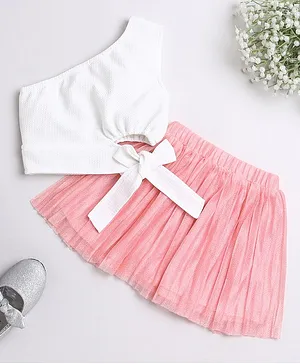 Taffy Sleeveless One Shoulder Tie Up Solid Crop Top & Skirt Set - White & Peach