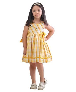 Soleilclo Sleeveless Plaid Checked  Dress With Side Tie Up -  Off-White & Mustard Yellow