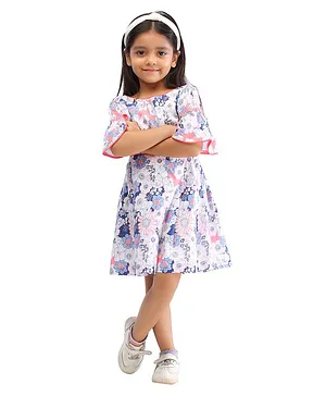 Soleilclo Half Bell Sleeves Flower Printed Fit & Flare Dress - Pink & Blue