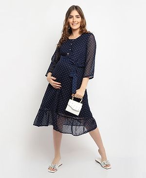 Moms Maternity Three Fourth Sleeves Seamless Polka Dot Printed Flared Maternity Midi Dress - Navy Blue