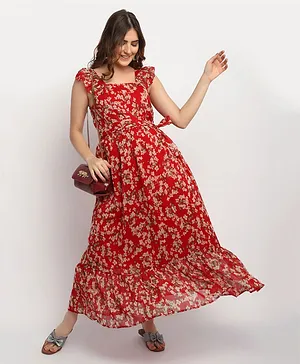Moms Maternity Frill Cap Sleeves All Over Flower Printed Frill Detailed Flared Maternity Dress - Red