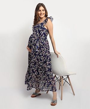 Moms Maternity Frill Cap Sleeves All Over Flower Printed Frill Detailed Flared Maternity Dress - Navy Blue