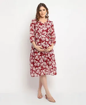 Moms Maternity Three Fourth Sleeves Seamless Tropical Flower Printed Fit & Flare Maternity Midi Dress - Maroon