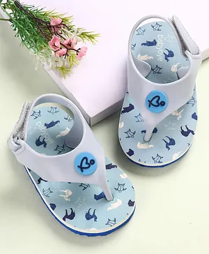 Babyoye Flip Flops Animal Print & Applique Velcro Closure - Blue