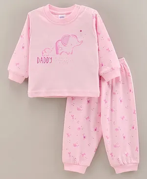 Pink Rabbit Cotton Knit Full Sleeves Night Suit Elephant Print - Pink