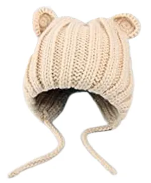 MOMISY Knitted Woolen Earlap Cap With Knot Beige - Circumference  48 cm