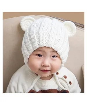 MOMISY Knitted Woolen Earlap Cap With Knot White - Circumference  48 cm