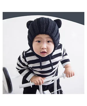 MOMISY Knitted Woolen Earlap Cap With Knot Black - Circumference  48 cm