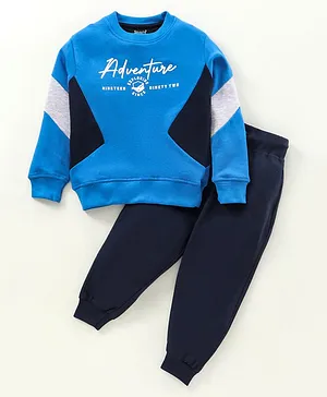Smarty 100% Cotton French Terry Full Sleeves Tracksuit Set Text Print - Blue