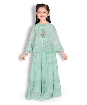 Joy-n-Jolly Full Cape Sleeves Embroidered & Mirror Work Detailed Poncho Jacket With Bead Embellished Top & Ruffled Flared Skirt - Mint Green
