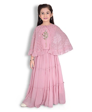 Joy-n-Jolly Full Cape Sleeves Embroidered & Mirror Work Detailed Poncho Jacket With Bead Embellished Top & Ruffled Flared Skirt - Pink