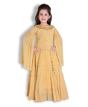 Joy-n-Jolly Long Cape Sleeves Flower Applique Detailed Neckline With Mirror Work Embellished  Bodice & Ruffled Flared Skirt - Mustard Yellow
