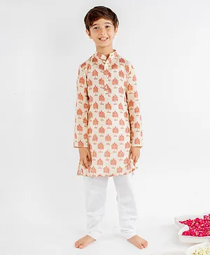 MR.BRAT Full Sleeves Floral Motif Printed Kurta & Solid Pajama Set - Beige