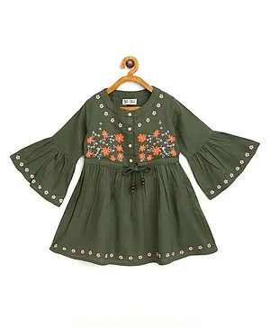 Bella Moda Three Fourth Bell Sleeves Floral Embroidered Fit & Flare Pure Cotton Dress - Olive Green