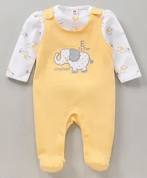 ToffyHouse Full Sleeves Footed Dungaree Style Romper Elephant Print- Lemon