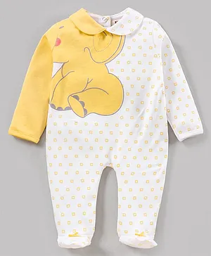 Toffyhouse Cotton Knit Full Sleeves Romper Elephant Print - White Yellow