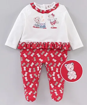 Toffyhouse Full Sleeves Footie Romper Bear Print - White Red