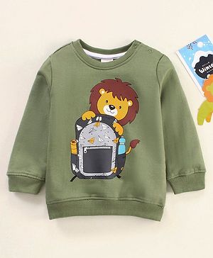 Babyhug Full Sleeves Cotton Looper Knit Winter Wear Tee Lion Print- Green