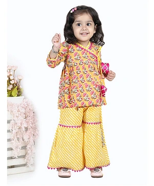 BownBee Three Fourth Sleeves Floral Motif Printed Tassel Detail Angrakha Kurta & Leheriya Sharara Set - Yellow