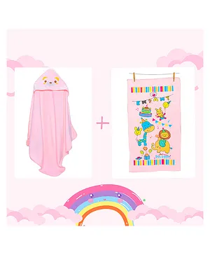 THE LITTLE LOOKERS Super Soft Baby Towel Set of 1 Hood Towel & 1 Bath Towel Pink (Print may vary)