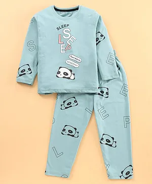 Doreme Cotton Full Sleeves T-Shirt & Pyjama Set Panda and Text Print - Blue